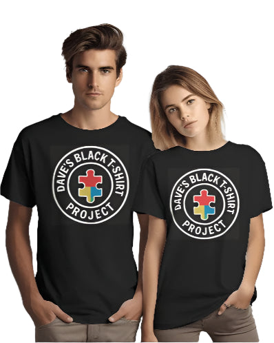 Two people wearing black t-shirts with a colorful logo and text.