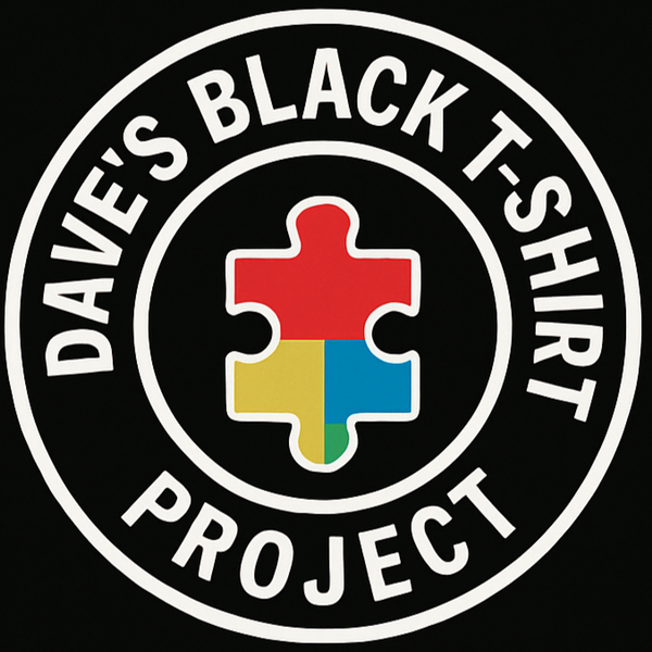 Logo of Dave's Black T-Shirt Project with a colorful puzzle piece on a black background